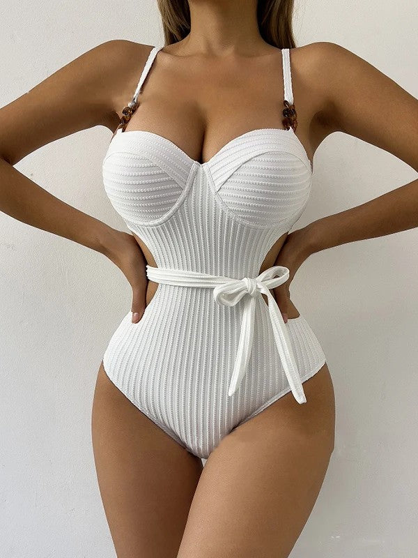 Textured Swimsuit With Cutouts Structured Padding And Belt