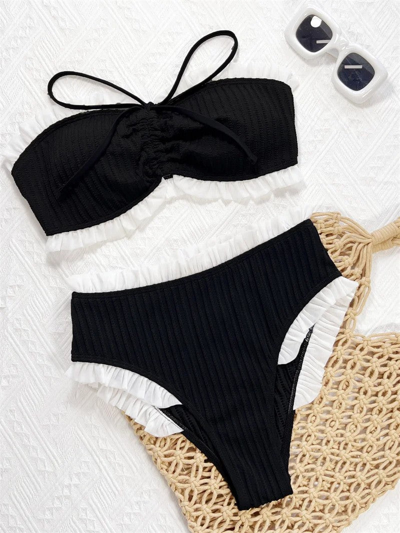 High-Waisted Textured Bikini With Contrasting Ruffles