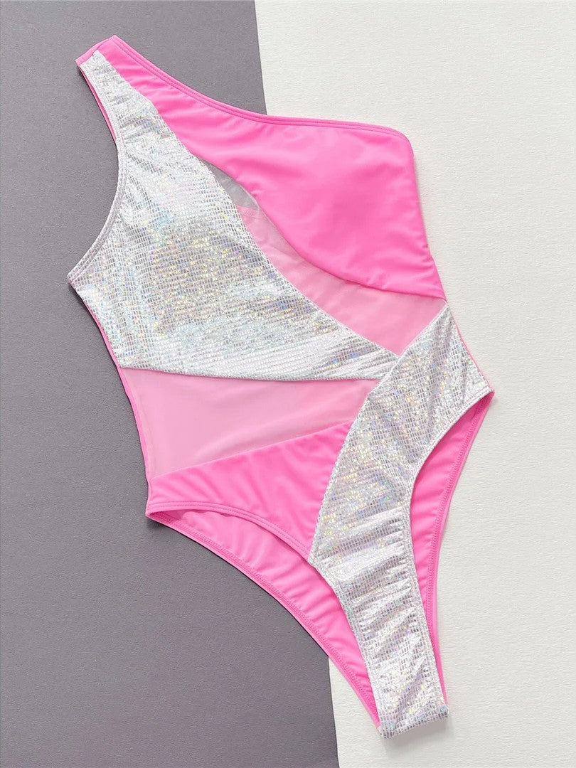 Asymmetrical Swimsuit With Tulle And Shiny Details