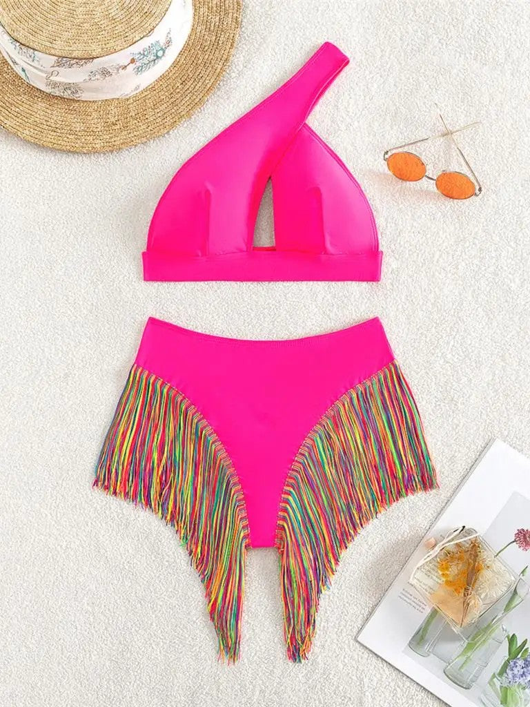High-Waisted Bikini With Fringe And One-Shoulder Top