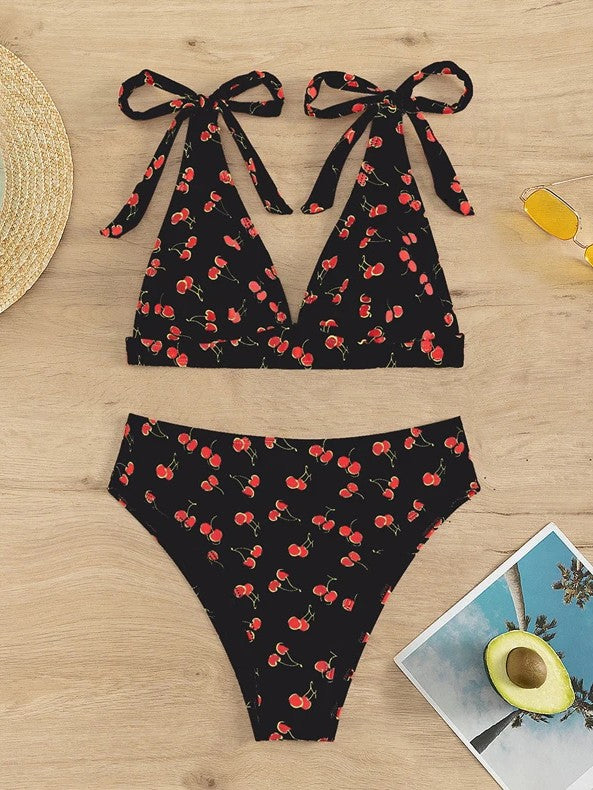 High-Waisted Printed Bikini With Tie Straps