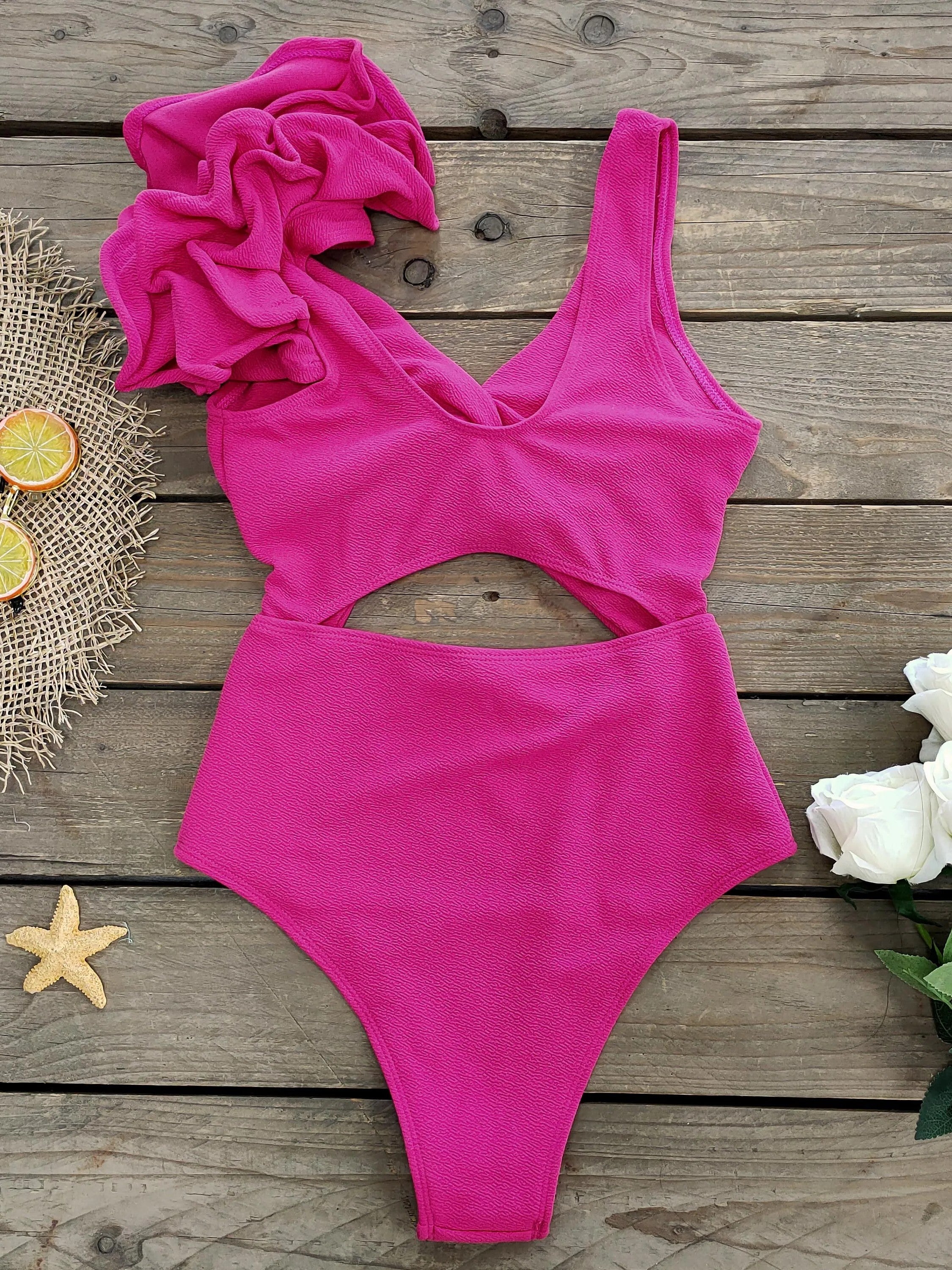 Swimsuit With Asymmetrical Cutouts And Structured Ruffle