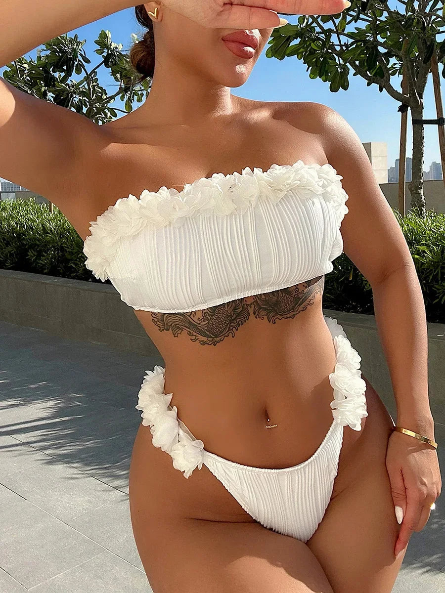 Strapless Textured Bikini With Appliqué Flowers