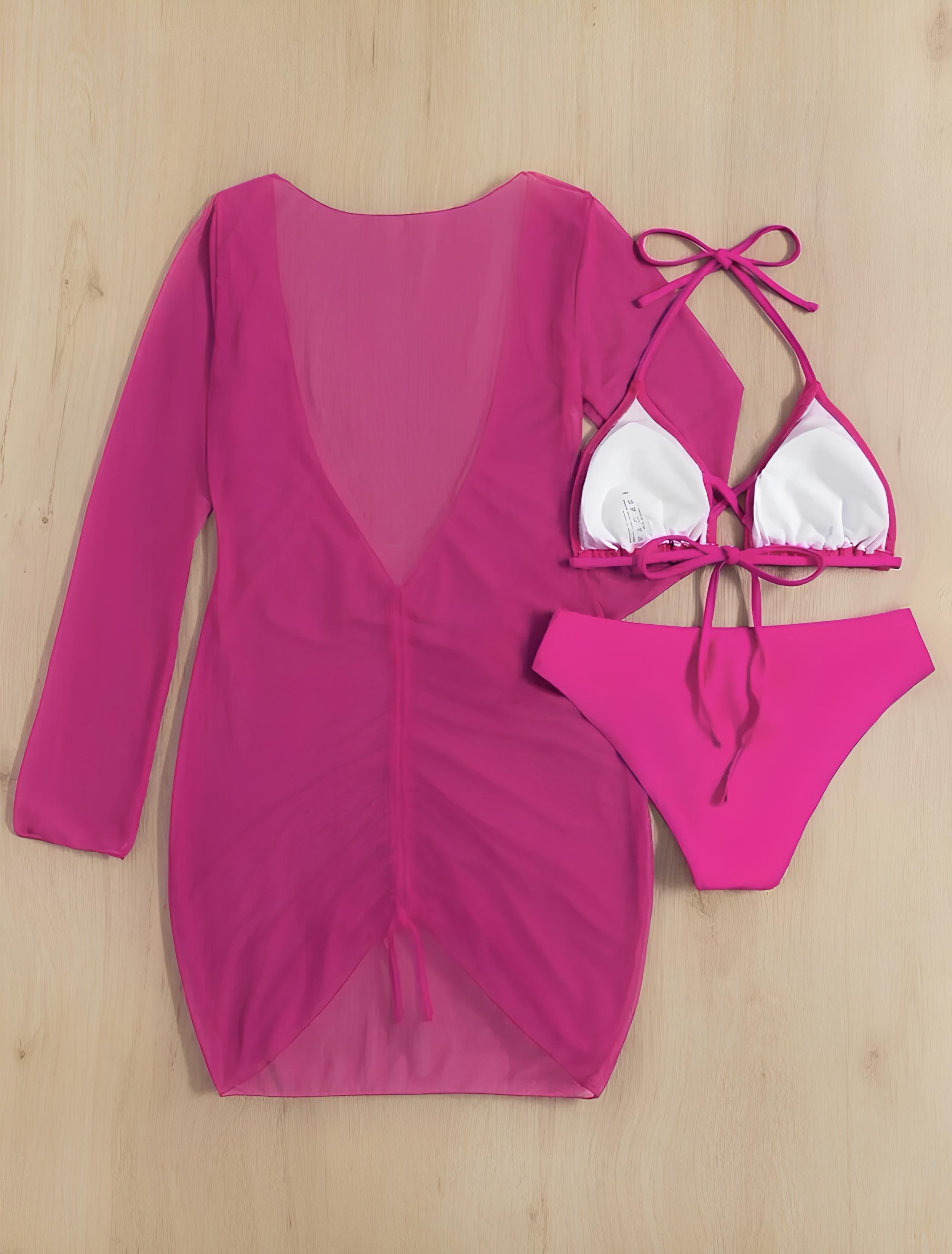 Bikini And Long-Sleeve Cover-Up Set With Draping