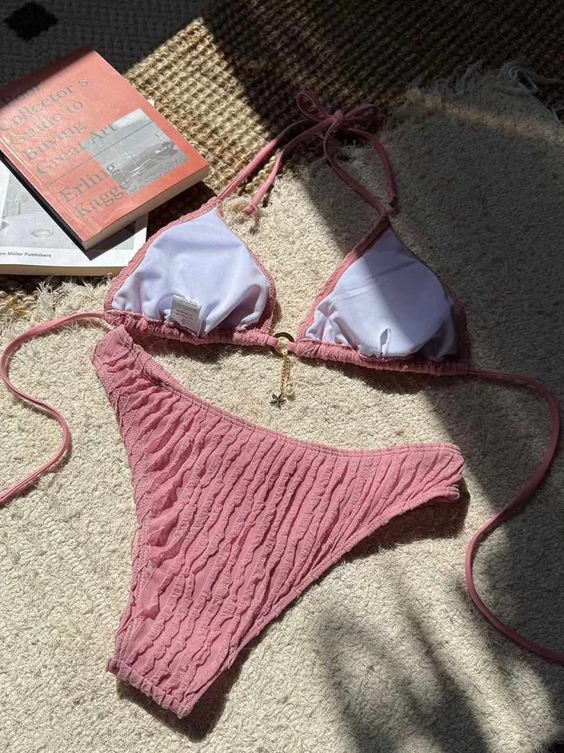 High-Waisted Textured Bikini With Charming Pendant