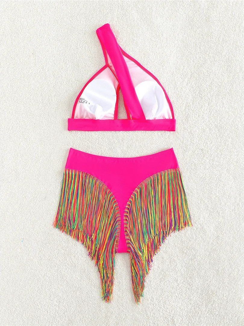 High-Waisted Bikini With Fringe And One-Shoulder Top