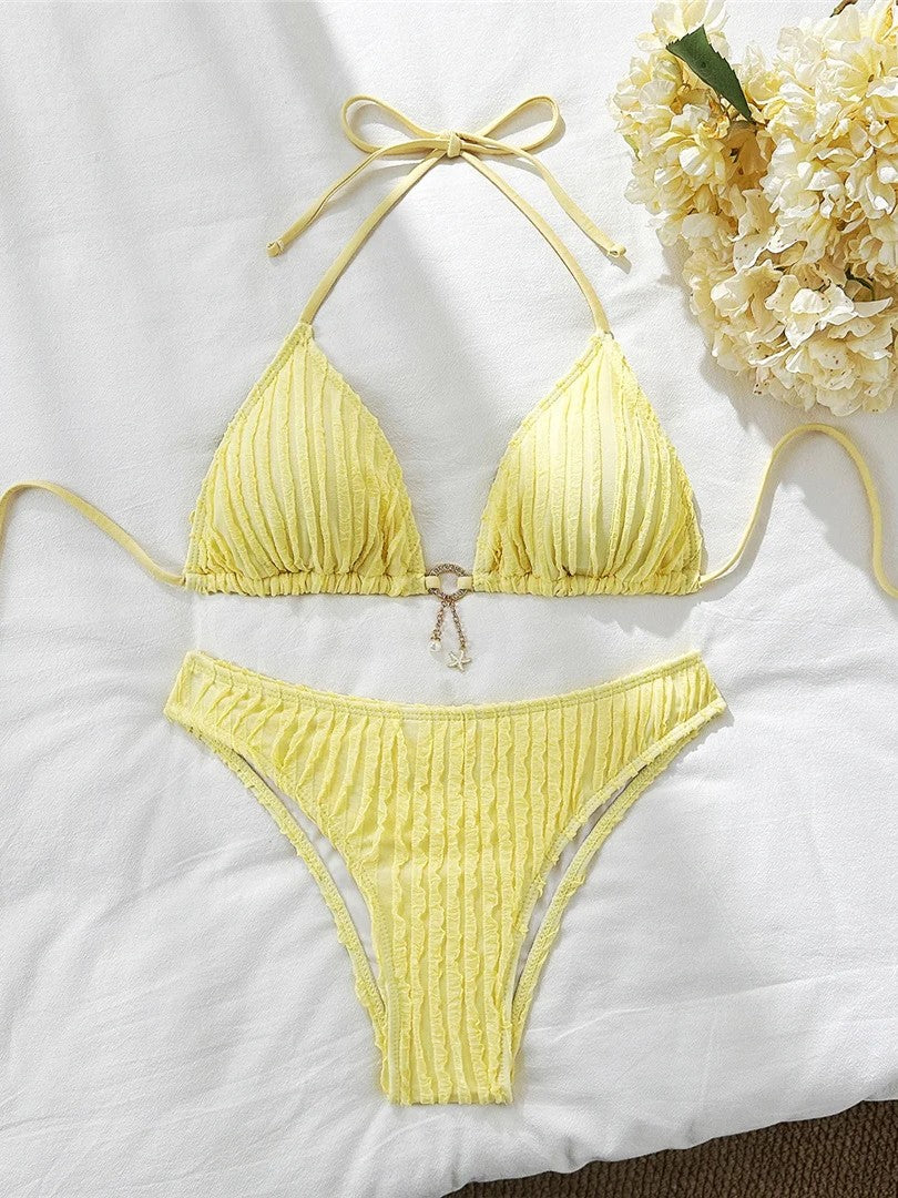 High-Waisted Textured Bikini With Charming Pendant