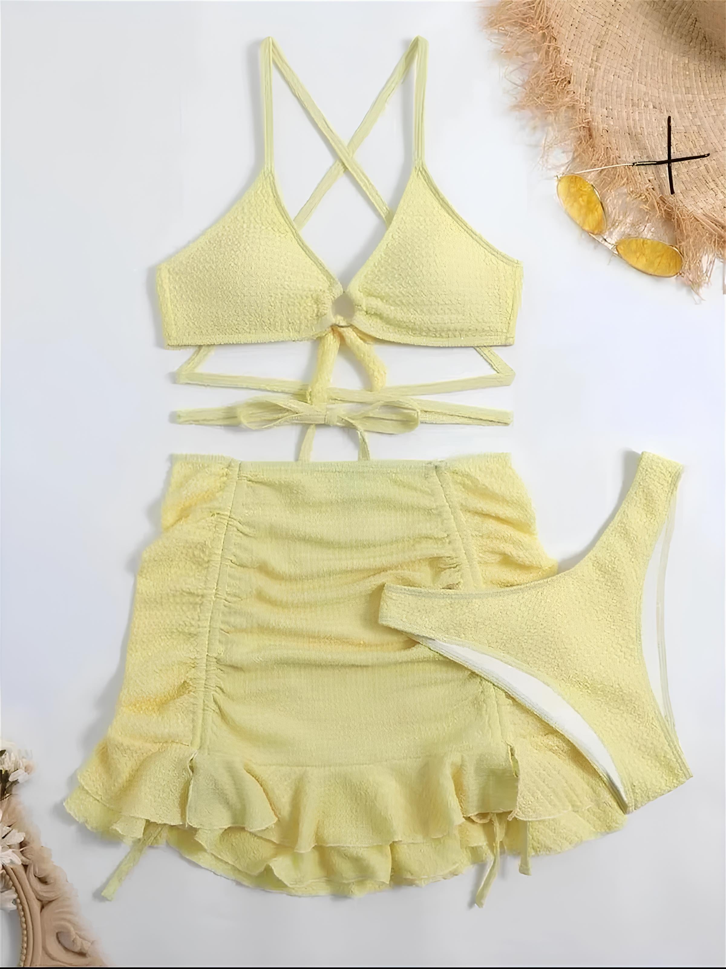 Textured Bikini Set With Ruffled Skirt And Tie