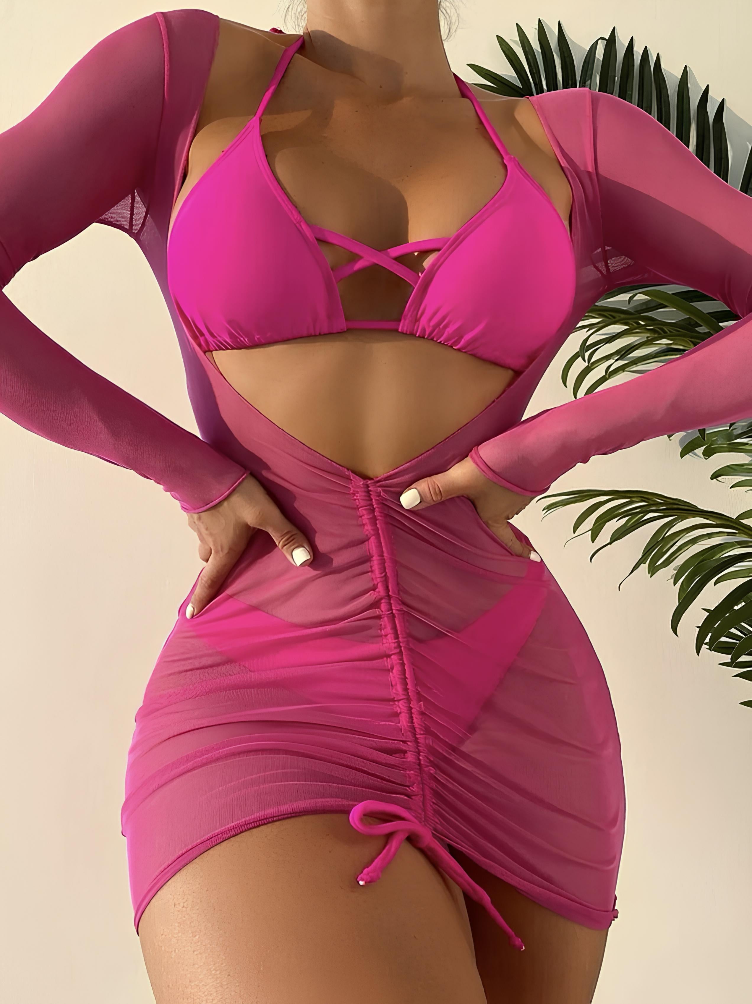 Bikini And Long-Sleeve Cover-Up Set With Draping