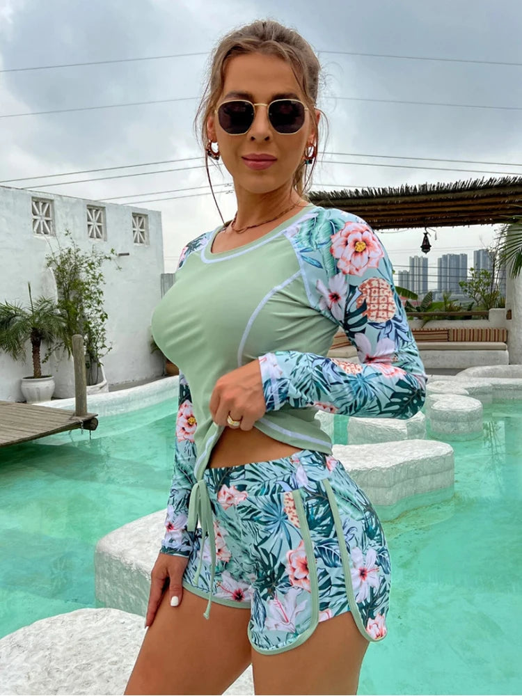 Long-Sleeve Printed Tankini With Adjustable Shorts