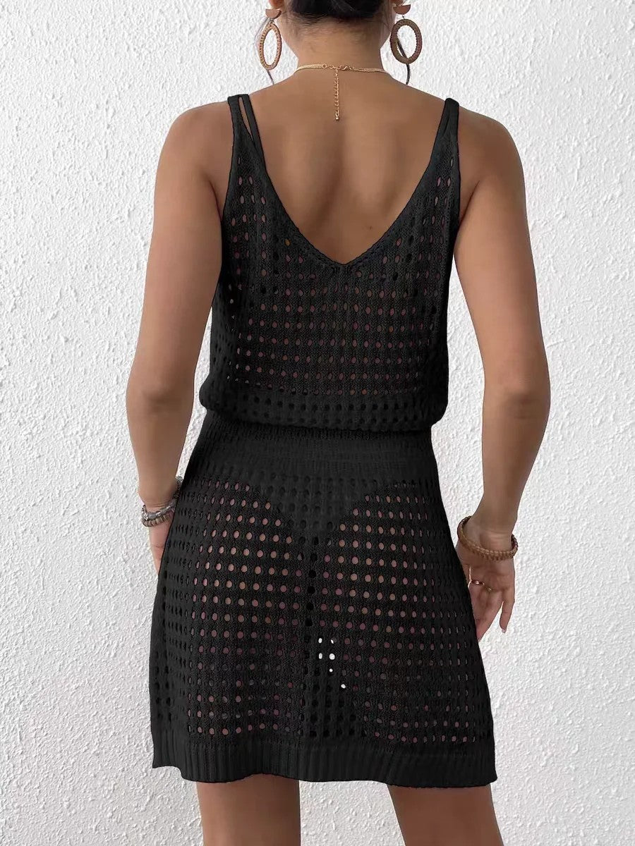 Short Knit Cover-Up With Thin Straps And Cutouts