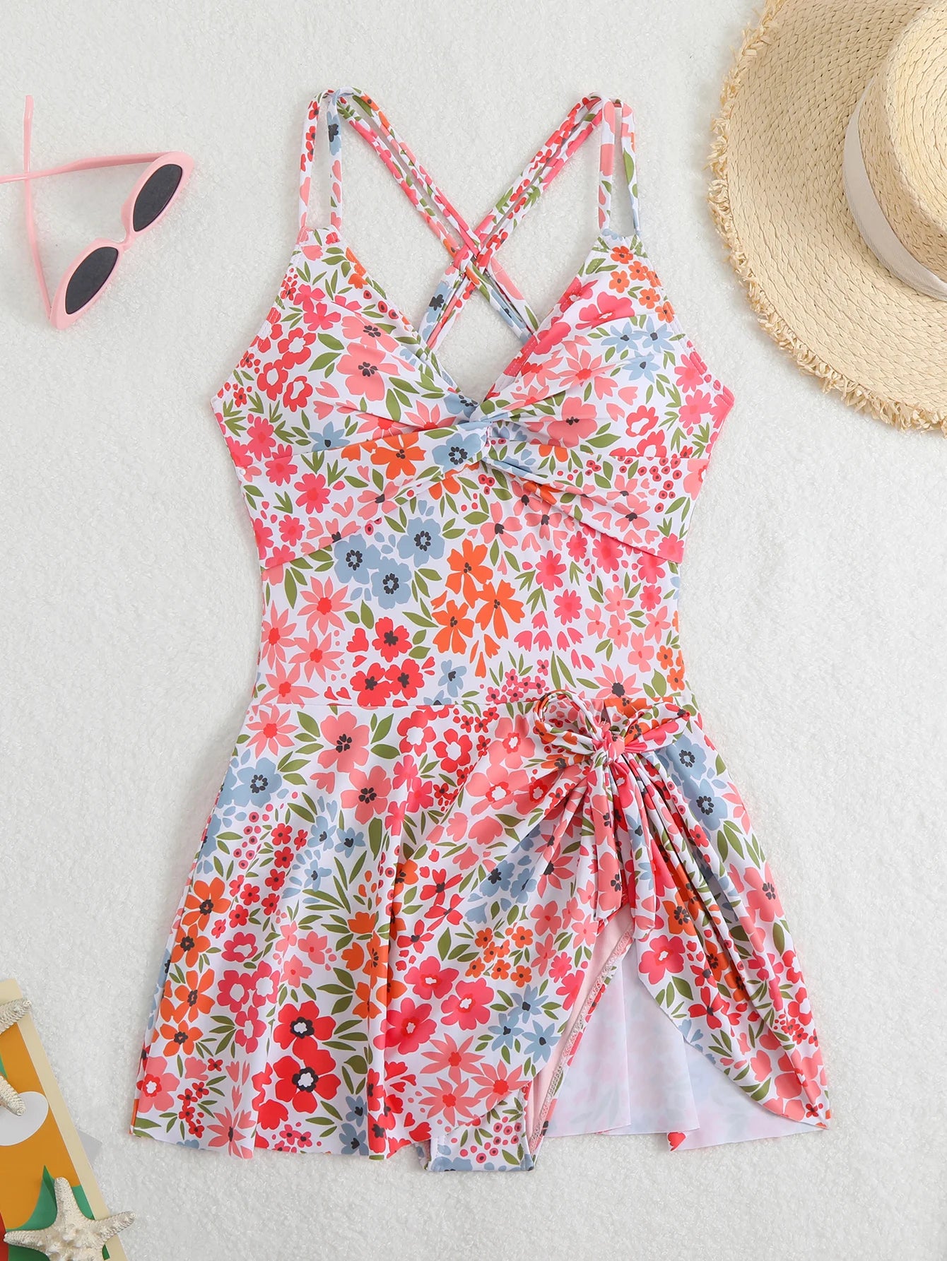 Printed Tankini With Wrap Skirt And Crossed Straps
