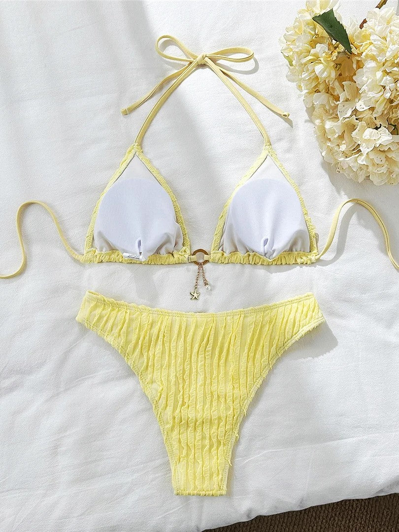 High-Waisted Textured Bikini With Charming Pendant