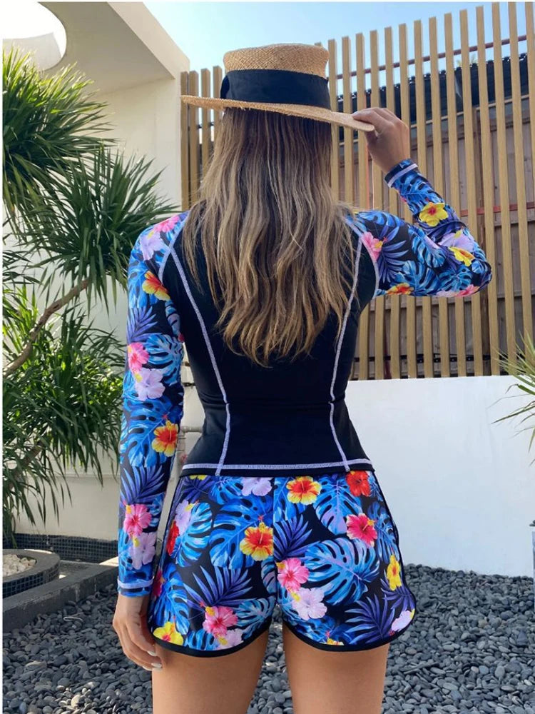 Long-Sleeve Printed Tankini With Adjustable Shorts