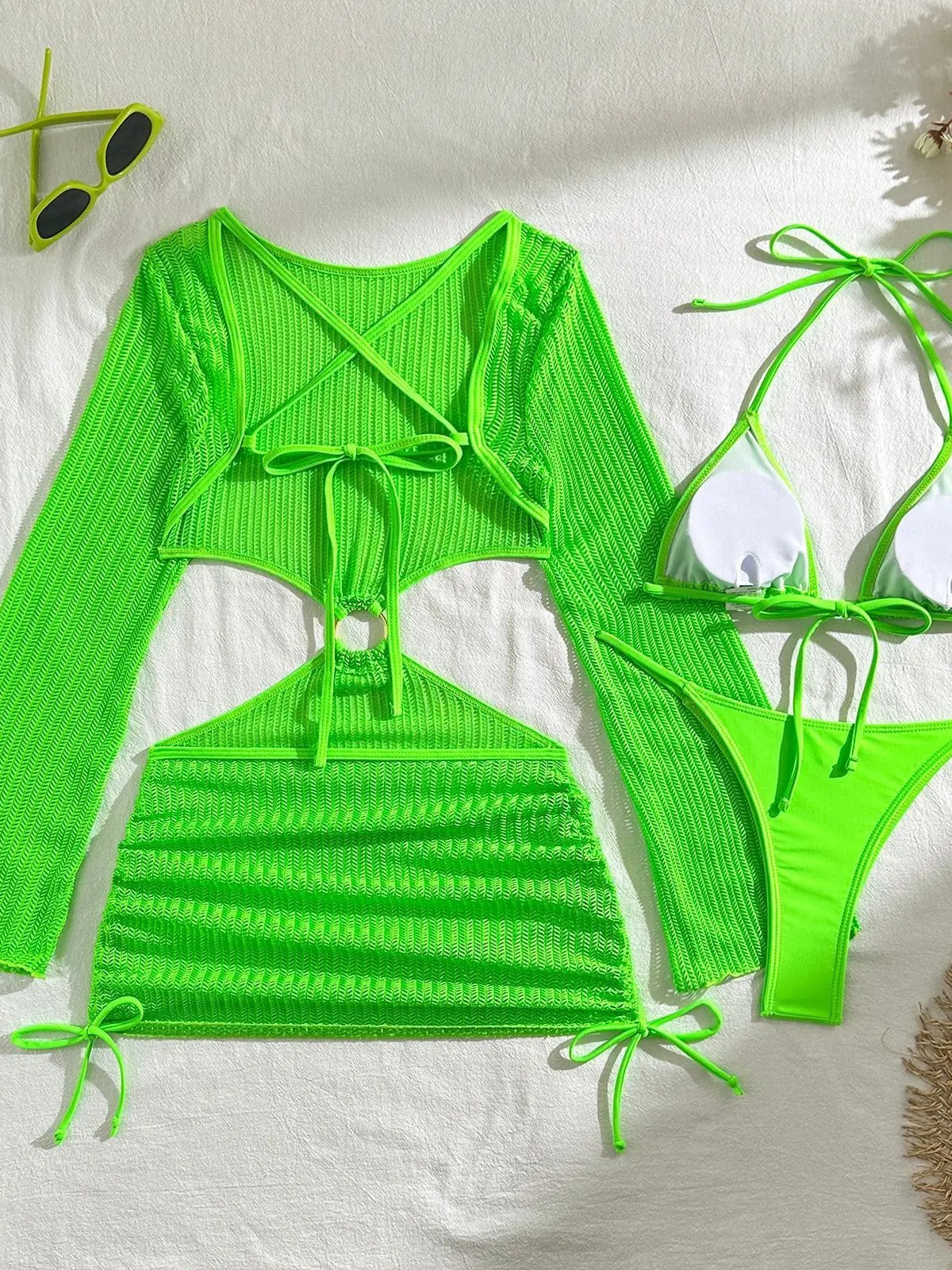 Triangle Bikini Set With Textured Long-Sleeve Top