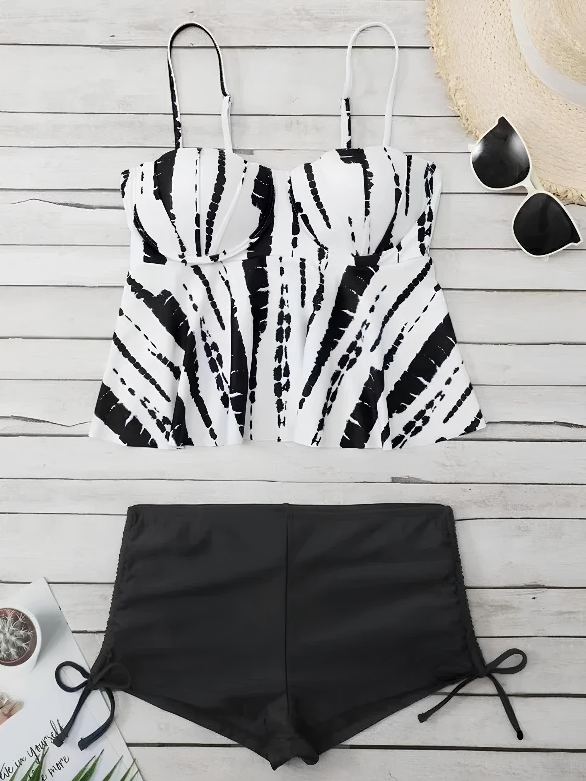 Printed Tankini With Structured Padding And Adjustable Shorts