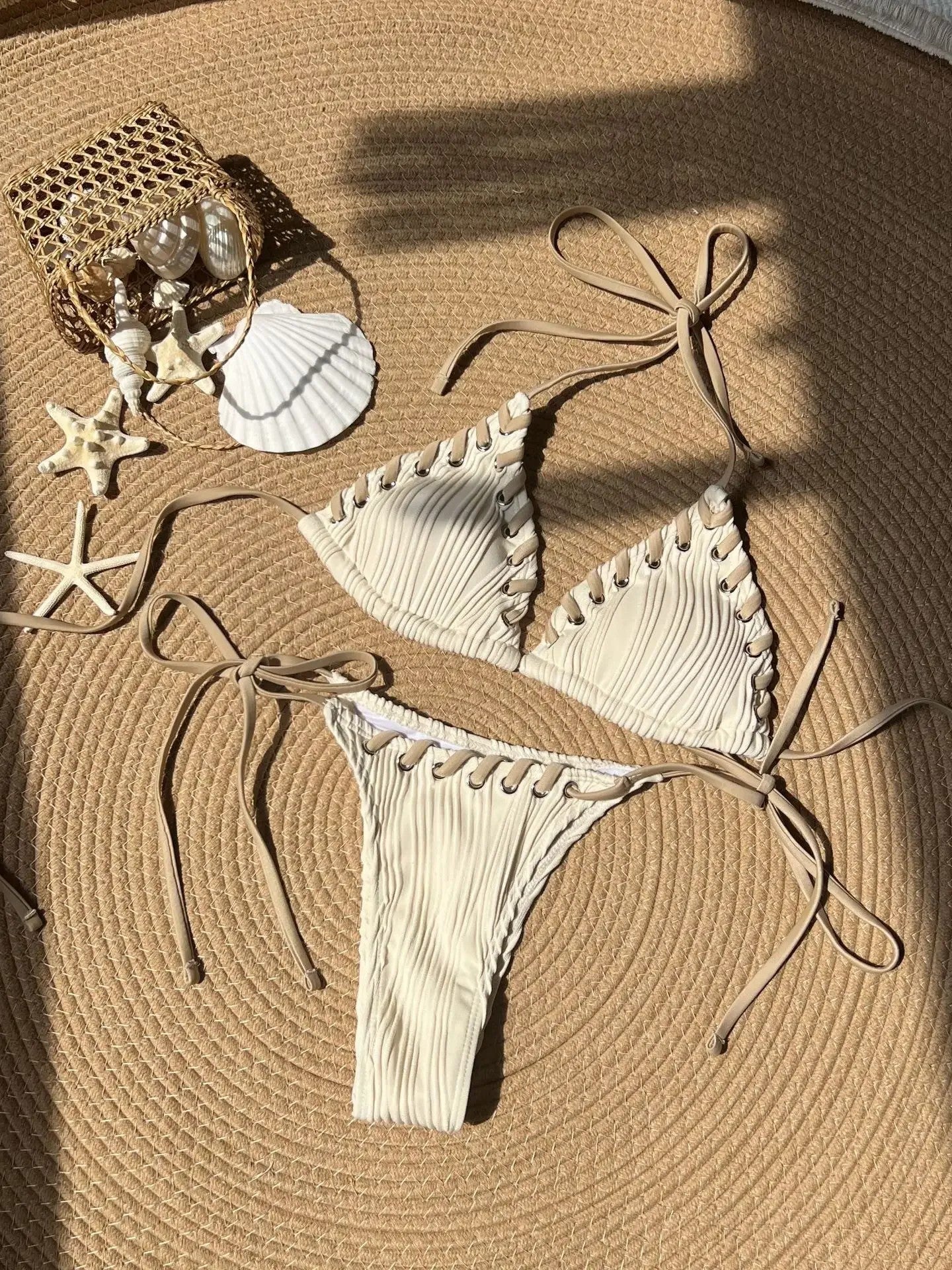 Textured Triangle Bikini With Contrasting Tie